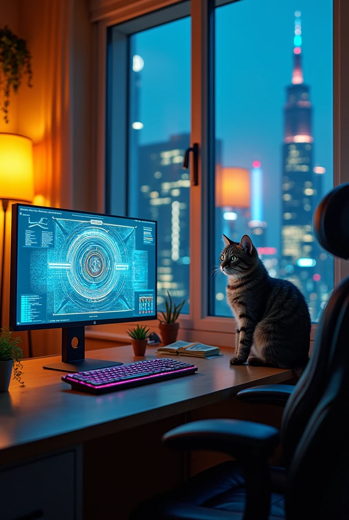 Futuristic cyberpunk workspace, holographic screens, neon-lit keyboard, cat sitting next to a stack of dollars, Background: large windows with a view of the night city. Color palette: warm shades of yellow and orange combined with cool blue tones. Atmosphere: cozy and creative work environment --ar 768:461