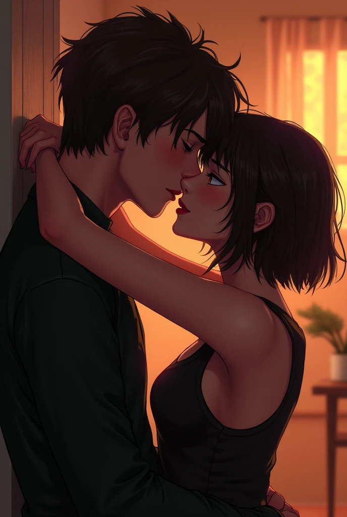 a girl with really short, dark brown hair. which is not longer than the beginning of her neck. she has a rebellious vibe. she’s kissing with a sweet boy, who has brown and very long straight hair. they are in love. she’s touching him. make it look very intimate. 