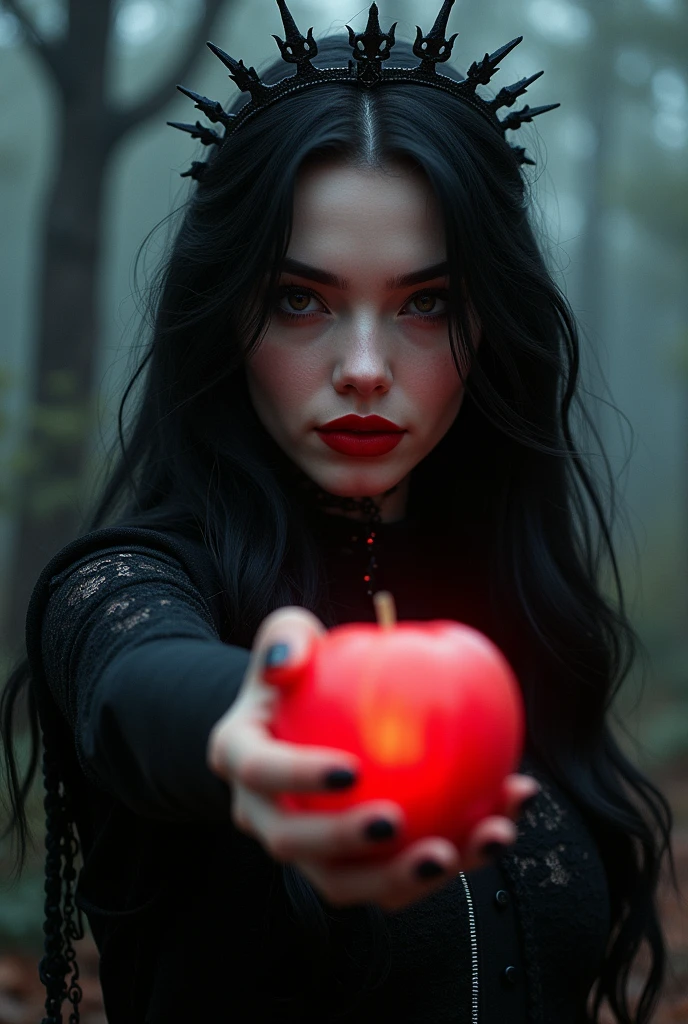 ((RAW Photo), absurd, (absurdresolution)), masterpiece, best quality, (Extremely detailed 8k unity CG wallpaper), (best illustration), (best shadow), Realistic lighting, beautiful detailed glow, ((21 years old)), girl, long black hair, black queen, accessories, apple in hand, poisoned apples, witch queen, red lipstick, (((Photographic Perspective of her)))