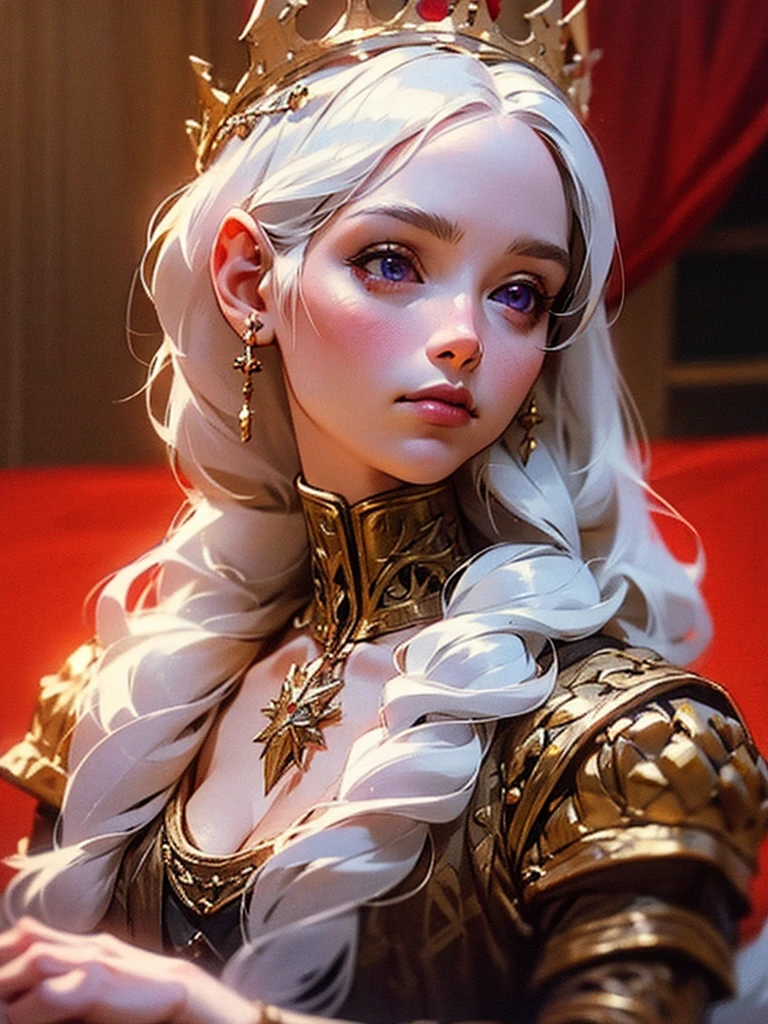 Portrait of one beautiful queen albino woman with detailed braided medieval hairstyle (white hair) , wearing detailed medieval gown ((red and black colours)), with gold accessories and gold crown, medieval queen, medieval woman,queen,game of thrones style,daenerys targaryen style, high quality, very detailed,hd quality, masterpiece,(purple eye colour)
