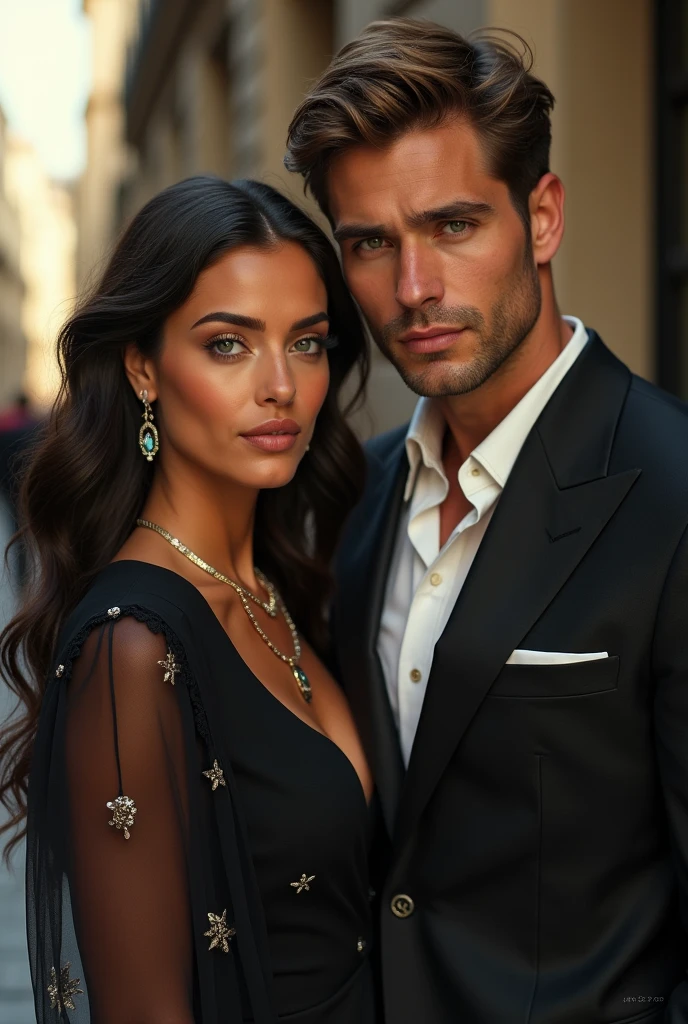 Ola chat. I would like you to create an image of a 27 year old woman, descendant of indigenous, Although,  She has fine and very feminine features.  She's high, has 1, 75cm, thin but with a slightly defined body. This woman currently lives in Paris . She is dating a Frenchman/Italian high 1,94cm, your hair color is light brown, green eyes and white skin. It&#39;s muscular, and has well-defined masculine features. He is a lawyer and also very rich.. They are considered very elegant and very beautiful., an extraordinary beauty.