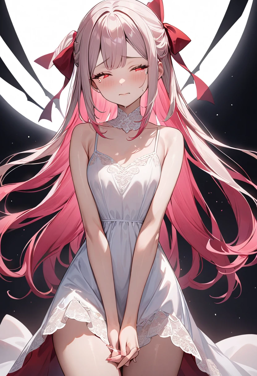 (masterpiece, top quality, very aesthetic, 4k、illustration), intricate detail, 1woman,solo,contrapposto 、Strong glowing eyes、,(cowboy shot)、、(Shedding red tears:1.3),beautiful face、closed eyes、clear face、straight hair、(fluorescence pink gradient hair)、own hands clasped、multicolored hair,hair ribbon,middle hair,sidelock ,レッド eyes、white lace camisole Dresses、small breasts、Slim 、white background