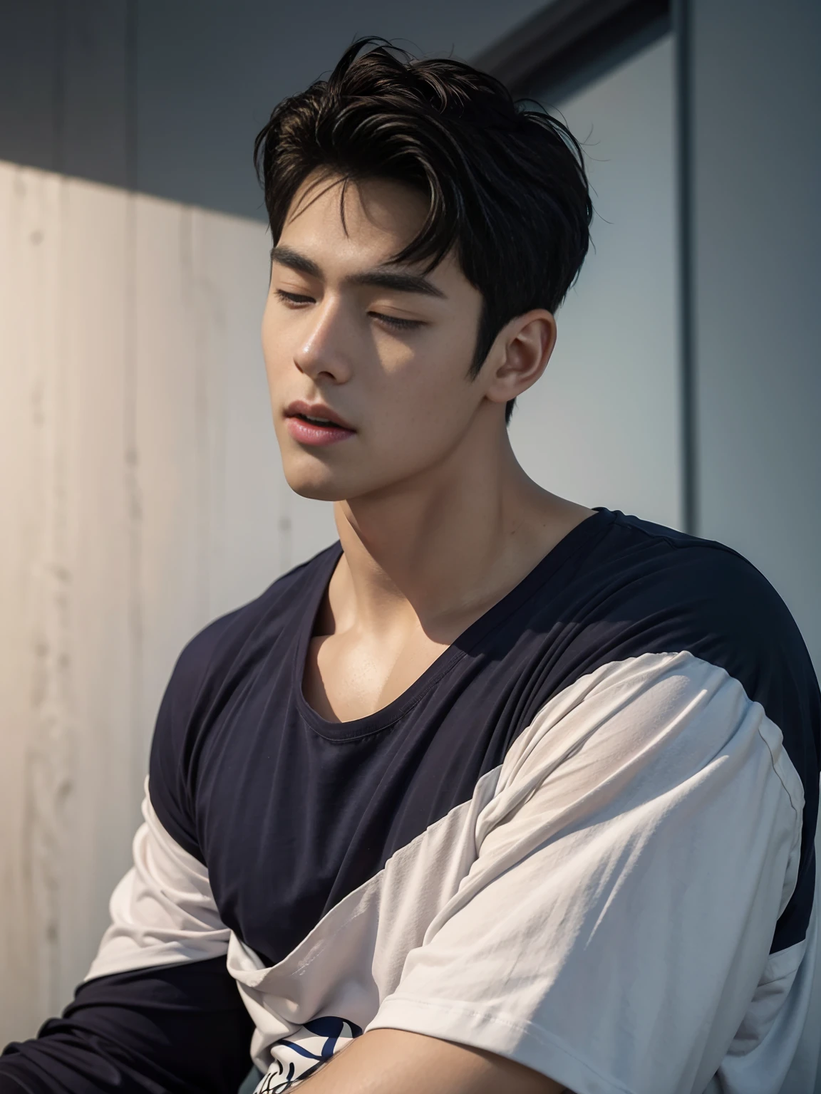 (Create a masterpiece: 1.2),(CGI art:1.3),(realistic:1.5),(After processing:1.3), (Sharp focus:1.3), 1 man, open mouth, smile, (Navy blue round neck t-shirt:1.3), Navy cargo pants, Korean guy , korean men, (High gloss details), chest muscles, large arm muscles, blood vessel, Big muscles, Broad shoulders, looking at the audience, Balancing the eyes, bedroom, Close your eyes.,(open mouth:1.1)