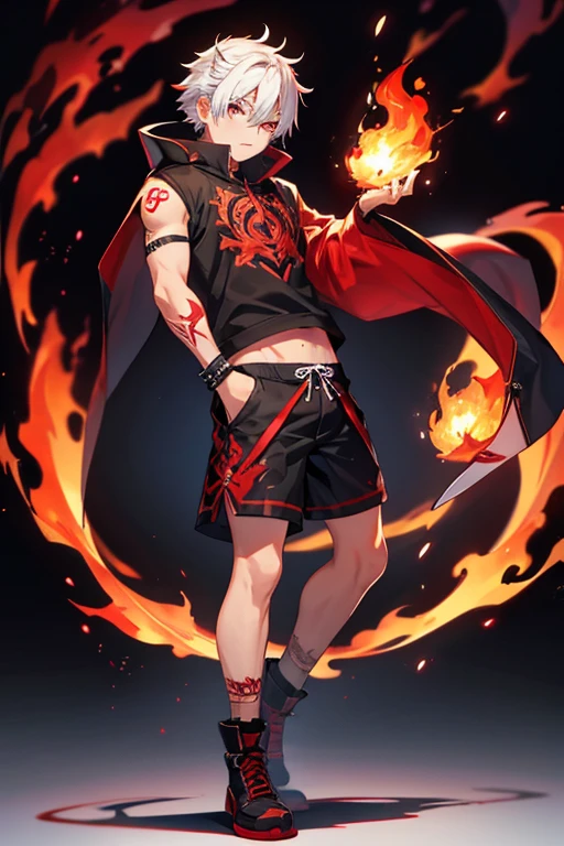 一人のmaleの子 10 years old maleの子 male White-haired black eyes Shorts Flame Tattoo Full Body Tattoo Red Tattoo ruins Demon King