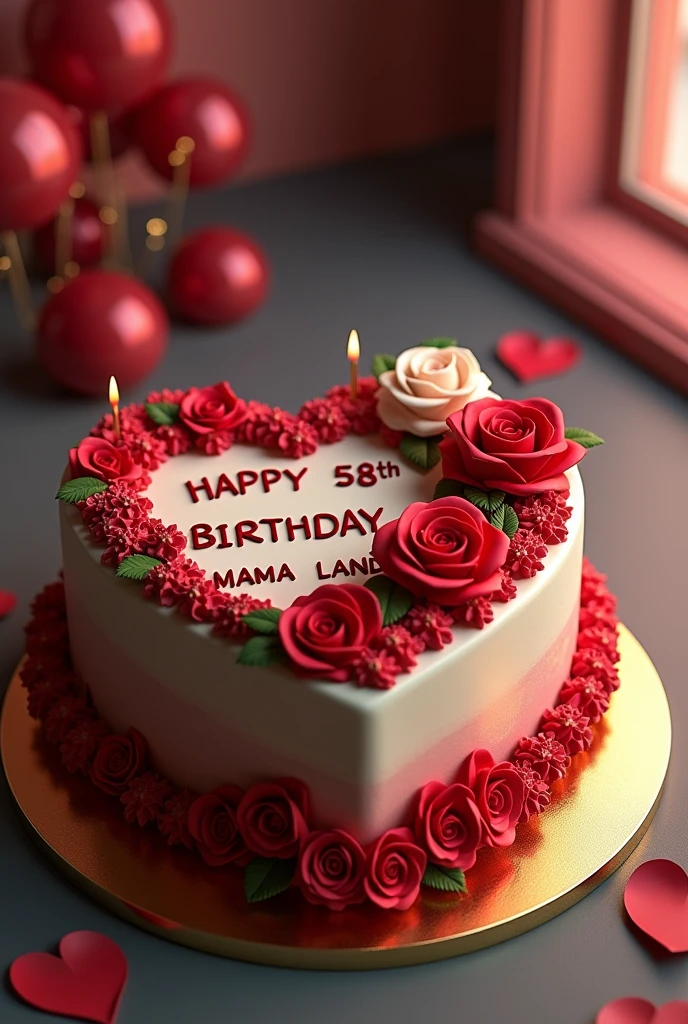 A stunning, high-resolution 3D render of a heart-shaped cake, masterfully blending dark brown and cream tones. The cake is intricately adorned with delicate red andwhite roses, enhancing its refined elegance. The vibrant colors and skillfully designed typography spell out "HAPPY 58th BIRTHDAY MAMA LANDA" adding a personal and heartfelt touch. The modern, fashionable background showcases a sleek and sophisticated setting, making it the perfect backdrop for a chic and stylish birthday celebration., 3d render, photo, illustration, vibrant, fashionLess
