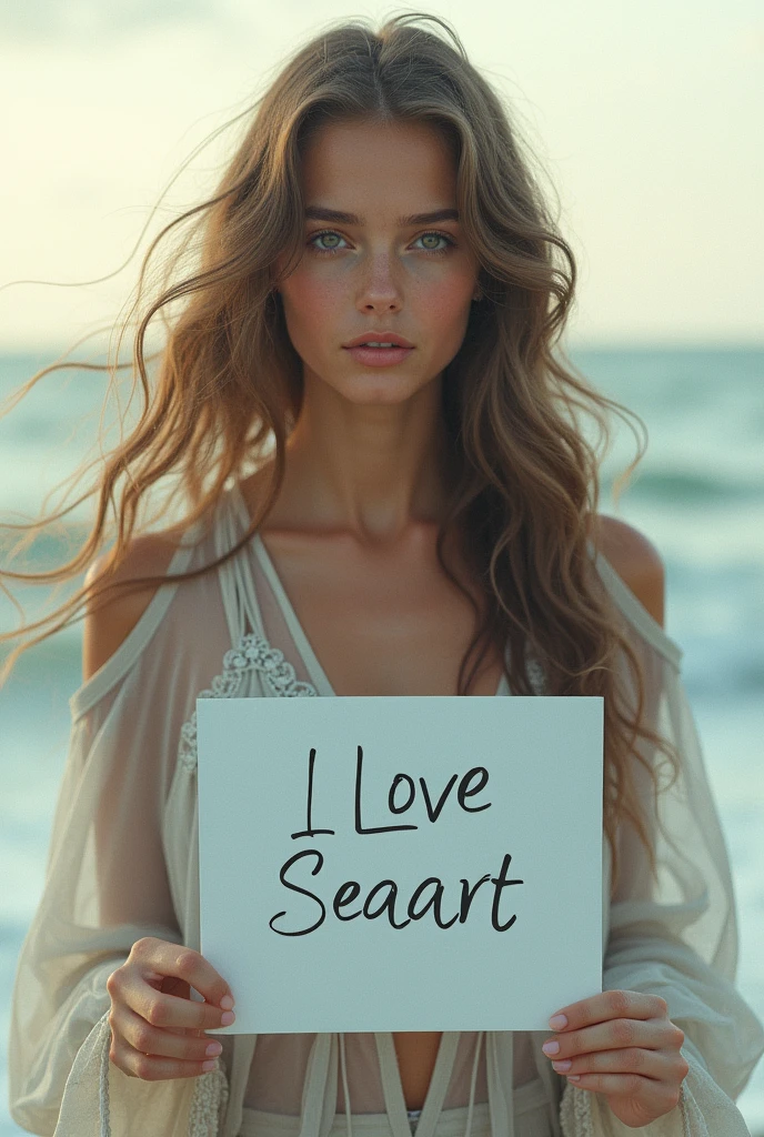 Beautiful girl with wavy long hair, bohemian dress, holding a white board with text "I Love Seaart Infinity" and showing it to the viewer