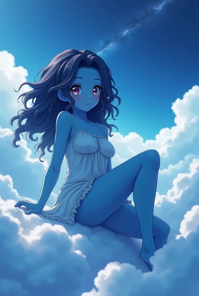 Beautiful blue skin anime model full body, sun-bathing on floating cloud along the milky way, enticing eyes, curly hair dreamy, background thick clouds, high quality, 4k , 8k, halloween theme, Marc Jacobs