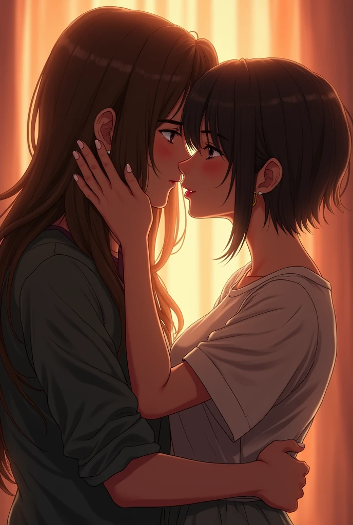 a girl with really short, dark brown hair. which is not longer than the beginning of her neck. she has a rebellious vibe. she’s kissing with a sweet boy, who has brown and very long straight hair. they are in love. she’s touching him. make it look very intimate.