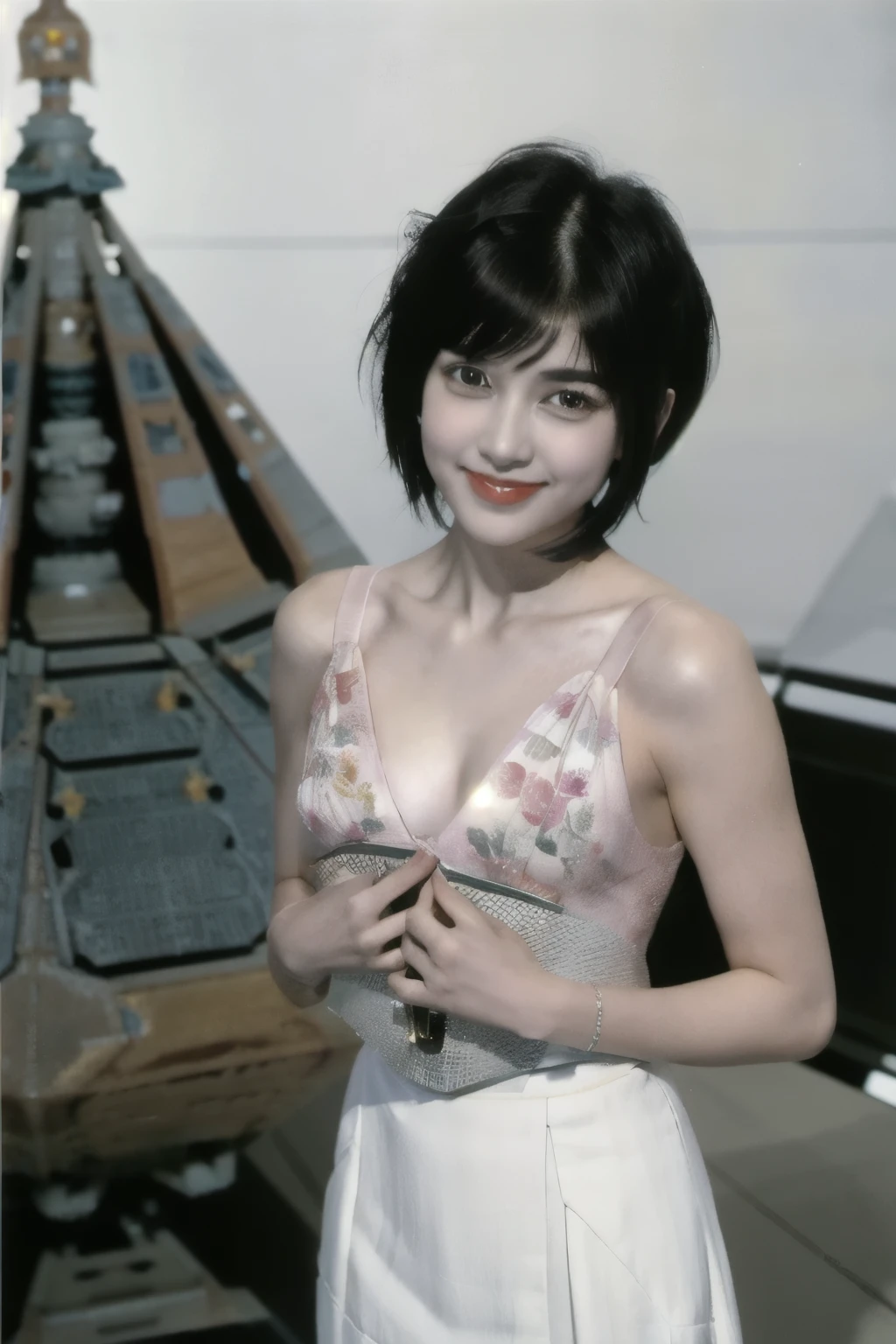 268 (20-year-old princess,Are standing), ((short hair:1.46)), (chest:1.46), Old-fashioned smile, (flower), (Spaceship:1.46)