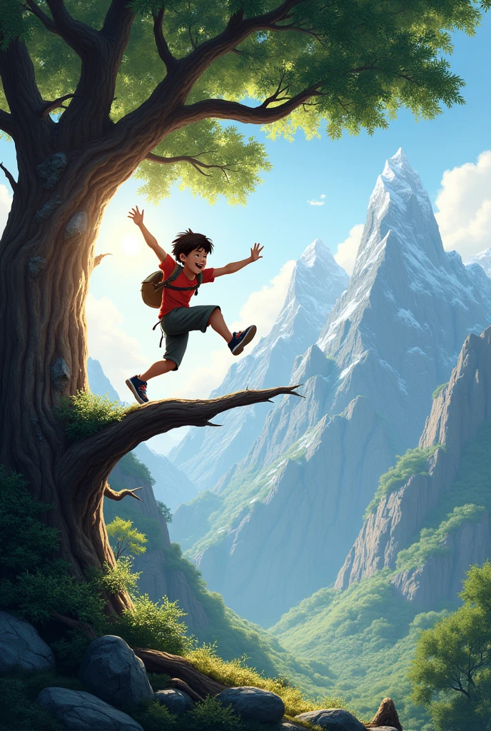 A boy Jumping on branch of tree mountain 