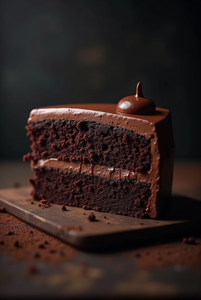 cinematic film still chocolate, chocolate cake, dark background, quality photo, moist texture, frosting, studio photo, slice . shallow depth of field, vignette, highly detailed, high budget, bokeh, cinemascope, moody, epic, gorgeous, film grain, grainy