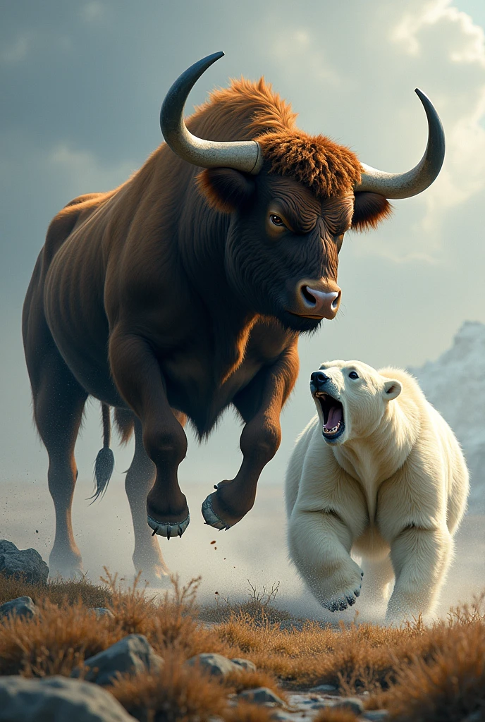 Size:
1024×1024
Prompt:A dramatic scene of a bull triumphing over a polar bear in a dynamic showdown. The bull, strong and muscular, stands victorious with its horns lowered, while the polar bear, depicted as surprised or retreating, shows visible signs of defeat. The background is a mix of tundra and open field, highlighting the unusual encounter between these two powerful animals 