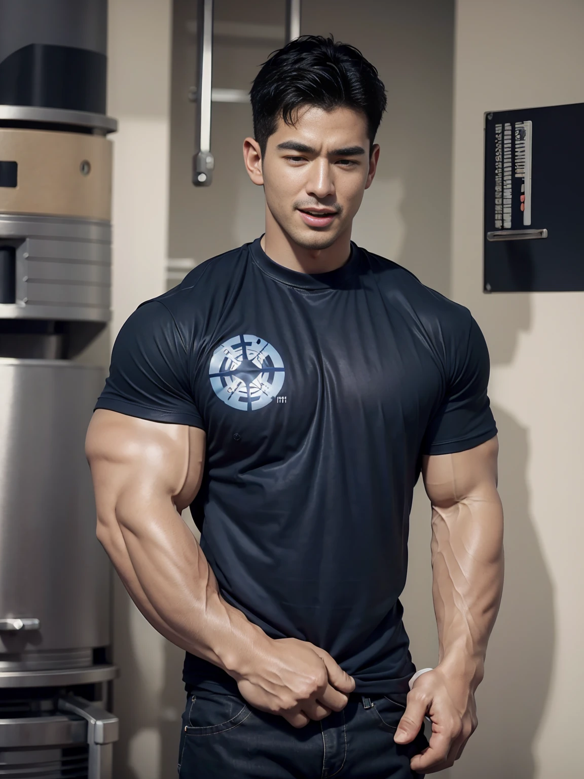 (Create a masterpiece: 1.2),(CGI art:1.3),(realistic:1.5),(After processing:1.3), (Sharp focus:1.3), 1 man, open mouth, smile, (Navy blue round neck t-shirt:1.3), Navy cargo pants, Korean guy , korean men, (High gloss details), chest muscles, large arm muscles, blood vessel, Big muscles, Broad shoulders, looking at the audience, Balancing the eyes, bedroom, Close your eyes.,(open mouth:1.1)