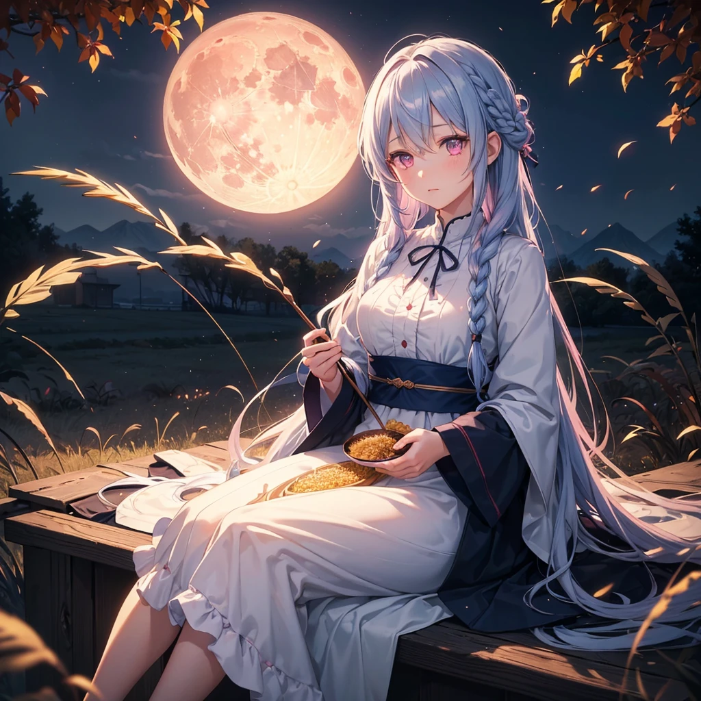 (Sky blue braided medium length hair), (Pink eyes),(Fair skin)  ,(whole body),(One Girl),(harvest moon),(A large amount of Miscanthus sinensis in the background),autumn,(full moon),(masterpiece, Highest quality, Very detailed, Best Shadow), (Detailed Background), (Beautifully detailed face), High Contrast, (Best lighting, Very delicate and beautiful), ((Cinematic Light)), Hyper Detail,8k, Dramatic Light, Intricate details,(sitting down to eat rice dumplings)