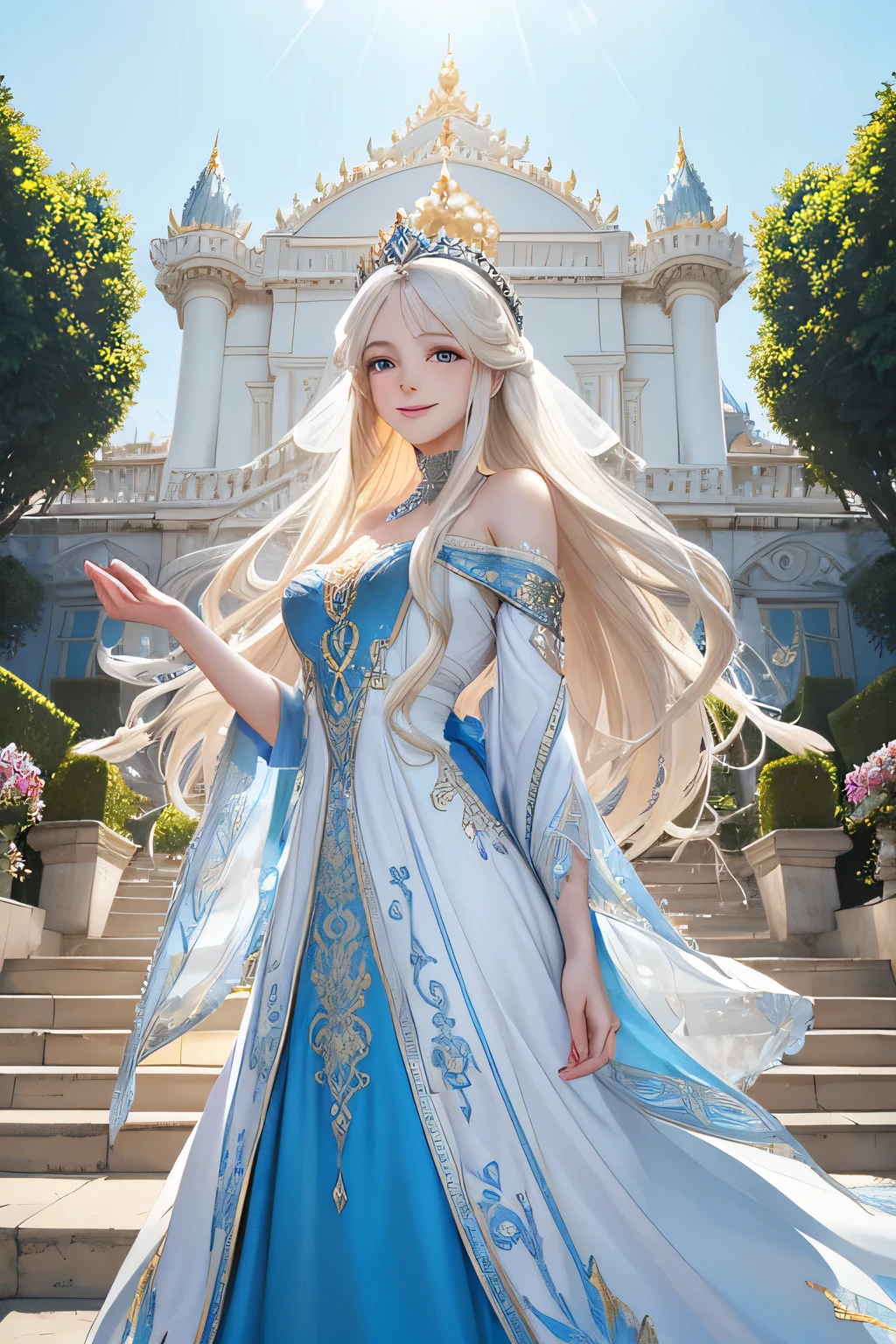 A beautiful white princess with long blonde hair, wearing a flowing blue gown with intricate silver embroidery, stands on a grand palace balcony. She smiles warmly and waves to the cheering crowd below. The sunlight shines brightly, reflecting off her golden hair and the silver details of her gown. Behind her, the palace's elegant architecture and lush gardens are visible,(((Upper body)))