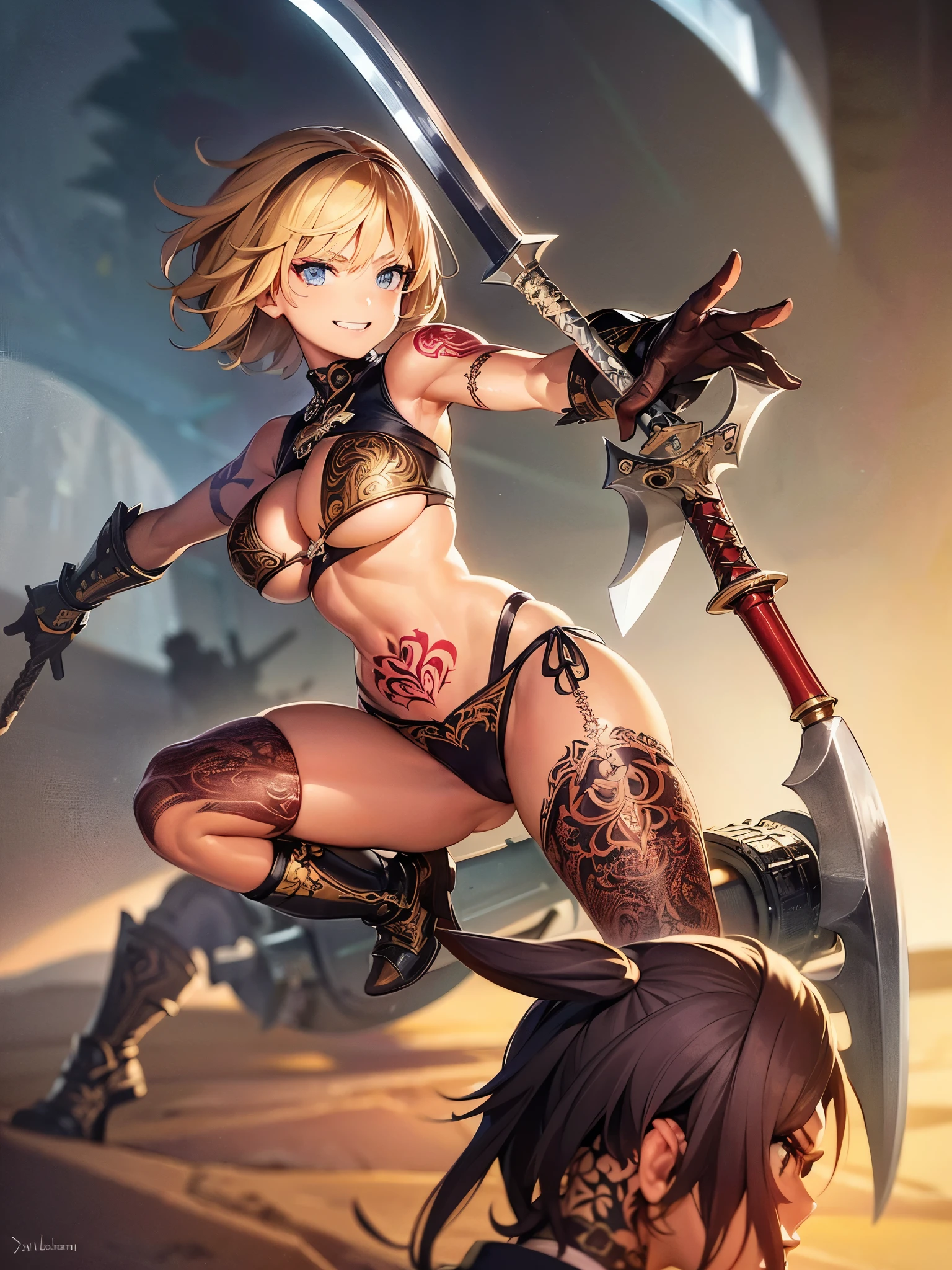 ((Highest quality)),(Ultra-high resolution),(Super detailed),(Detailed Description),((The best CG)),(masterpiece),Highly detailed art,(Fantasy art with intricate detail:1.5), (Female Warrior:1.7),(tough guy:1.3),(Beautiful and well-proportioned face:1.5),(Smiling face:1.4),(Disheveled short hair:1.6),(Intricate and intricate bikini-style leather armor:1.5),(Swinging a battle axe:1.8),(Brave Tattoo:1.7),(Spiked Boots:1.4)