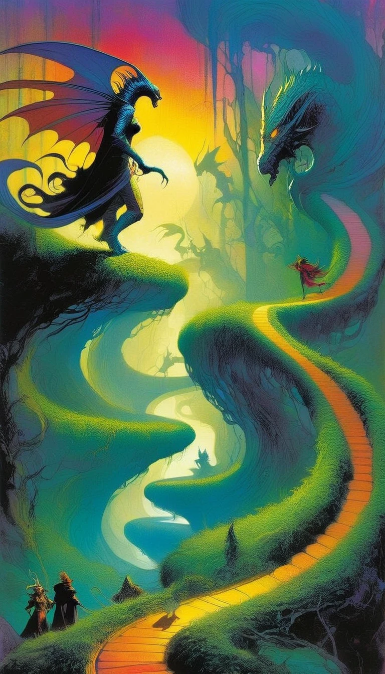 winding path, magic, fantasy,sexy monsters,art inspired by Bill Sienkiewicz and dave mckean