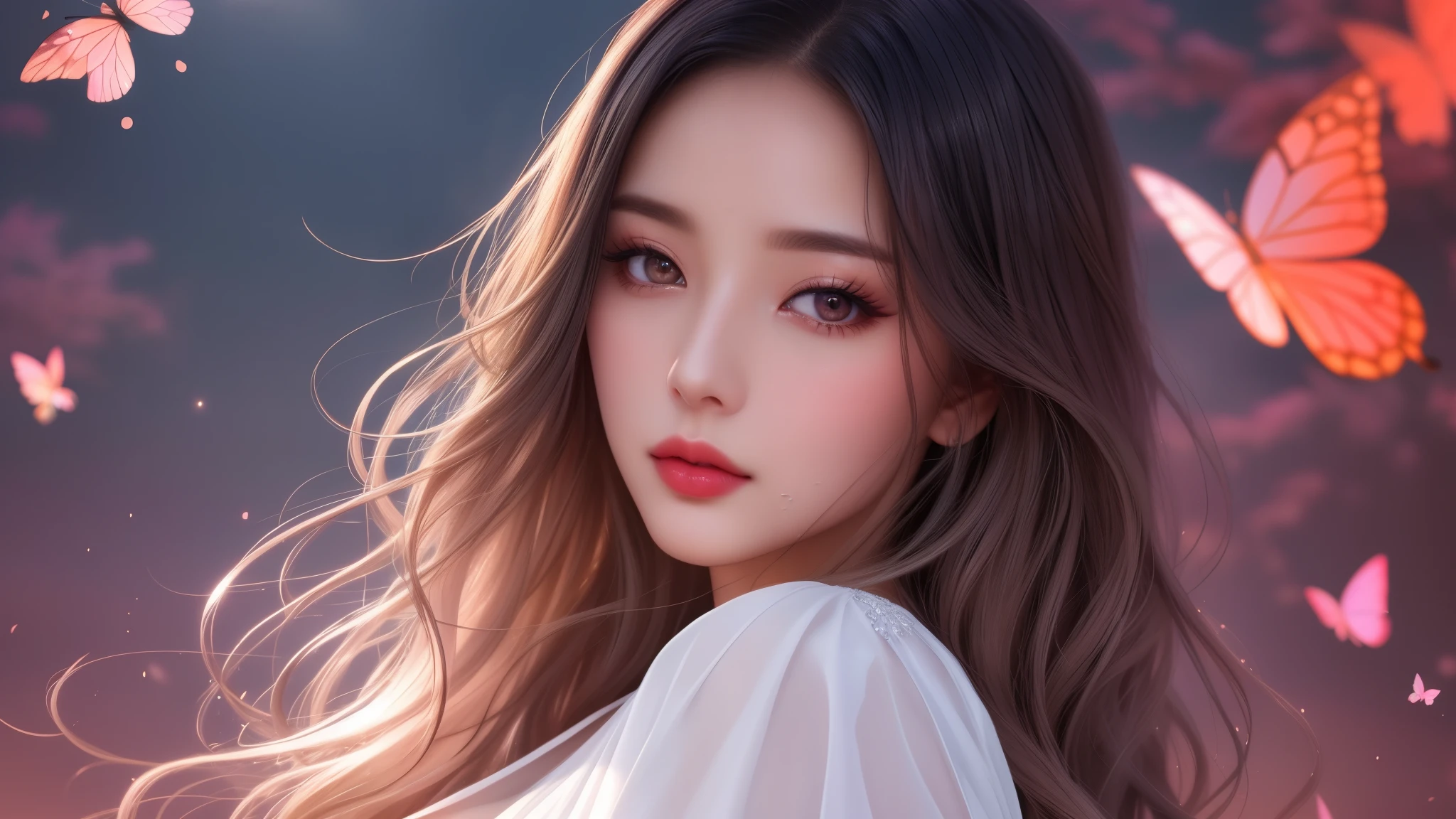 High quality work，realism作品，Extremely high-quality graphics，8K HD CG work，High-quality graphics，High-resolution and exquisite CG works，10x pixel，Very detailed details：1.1，Advanced technical details：1.1Realistic photo effects，Lighting Effectsภายใน：1.5，Soft, Natural light：1.5. Lighting Effects（Lighting Effectsเสมือนจริง：1.8），Ultra-high resolution，Shiny Dress，long shiny hair，Silver Hair，Transparent hair，Highly detailed hair（High-quality hair details：1.1）Clear eyes，Are double eyelids beautiful?.，Sharp eye makeup, Create beautiful eyelashes., Sparse eyebrows, Very detailed eyes，high nose, Lovely red lips, Red face, Exquisite makeup on face , Pretty Face, Perfect facial proportions.,（Advanced facial details：1.1） nsfw 杰作摄影捕捉了一位迷人的白人woman所经历的梦境的精髓., Perfect and detailed face., Realistic pores, Sharp eyes, (Wet nipples), Revealing clothes, She was enveloped in smoke，The smoke transformed into surreal butterflies around her., dreaming, She finds herself in a magical landscape filled with bright colors and surreal elements.., The atmosphere is dreamy and ethereal., Soft lighting illuminates the scene, Young woman are seen as confident and glowing., Surrounded by symbols of her inspiration and inner strength., The overall mood of the image should create a sense of wonder., Empowerment, and endless possibilities, Complex lighting, Rim Light, (wind:1.3), ，Professional posture,woman&#39;Artworks，Full body dress ，realism，Amazing cleavage，My eyes are very bright today.,