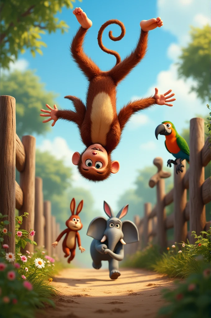 Max the monkey somersaulting over a fence, with animals like a rabbit, an elephant, and a parrot in hot pursuit, all having fun."