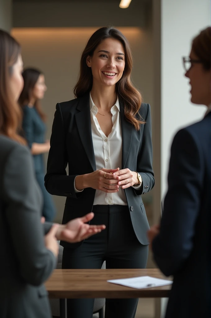 Generate a real image of a woman having a conversation with people