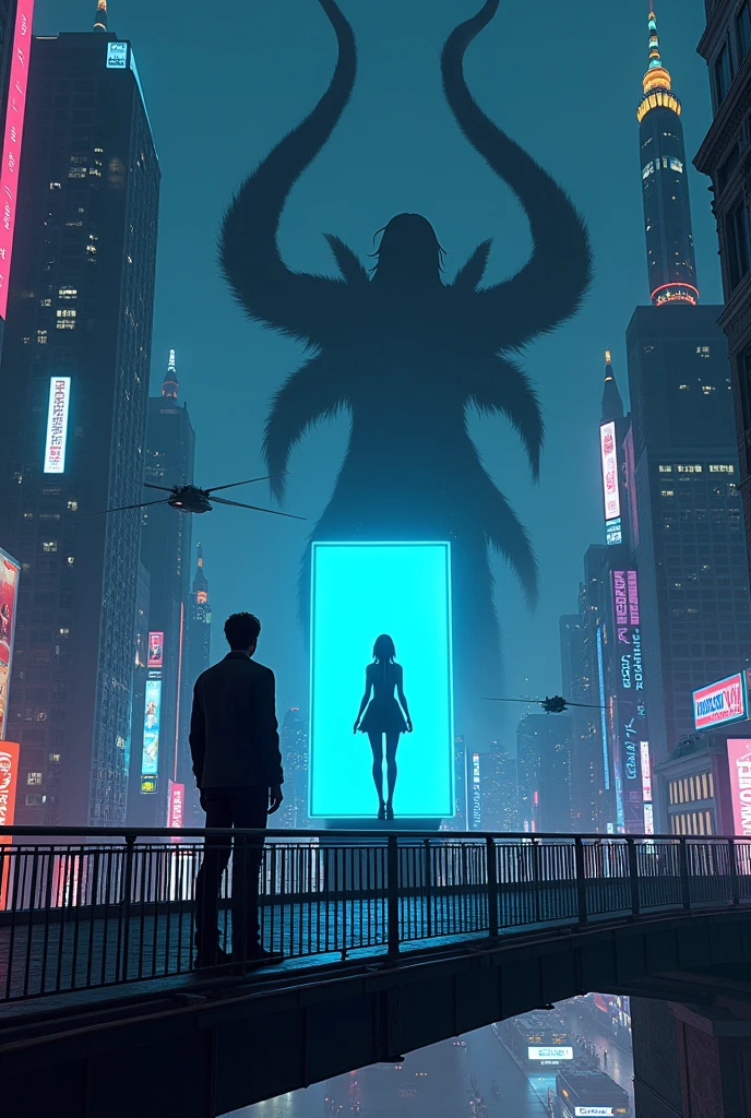 Create a book cover with a futuristic night city and a man standing on a metal bridge with shadow monsters behind looking at a woman on a 3d bright futuristic sign