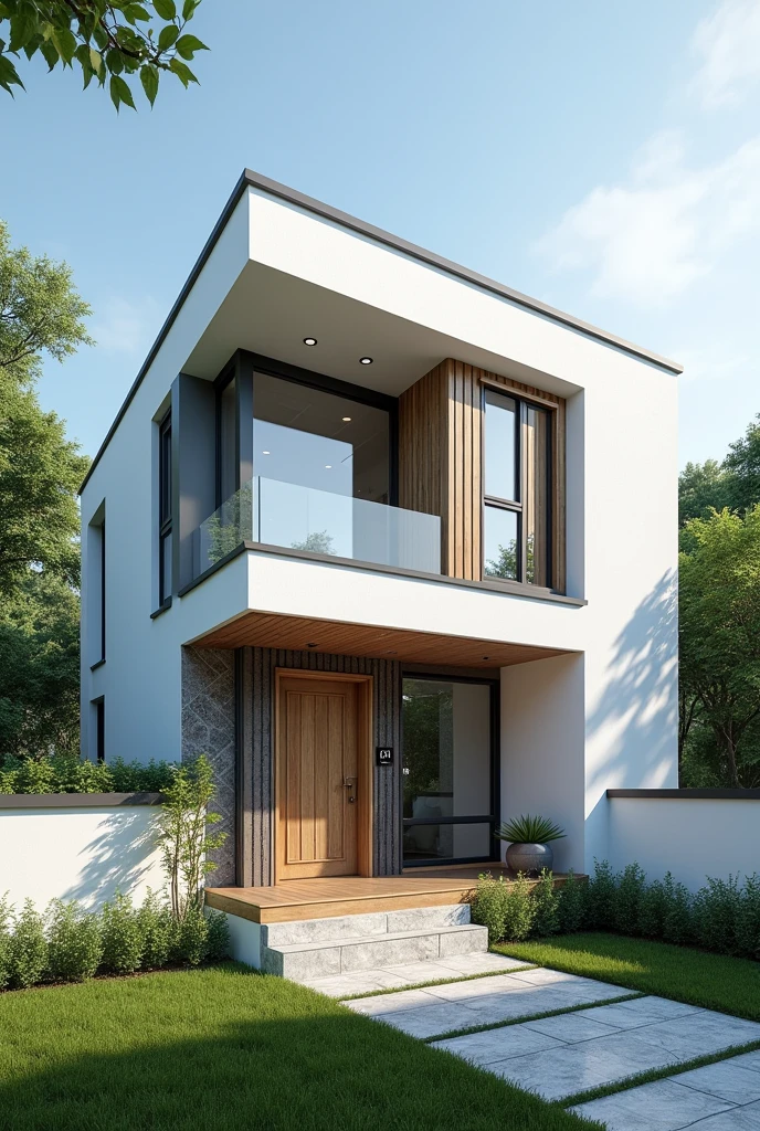 RAW photo, Masterpiece, high quality, best quality, realistic, super detailed, exterior, outdoor, townhouse, located in the city, (white wall :1.4), glass windows, (gray roof :1.1), decorative tiles on small wall, , trees, beautiful sky, grass, stone walkway, view from height (date:1.1), vivid colors, vray, (sunlight sky:1.1), decorative wooden paneling, wooden door frame, flower bed in front of the houseforest background , highlight with black wood and clear light . all part of house make it modern and high classic. the garden make it beautiful.
