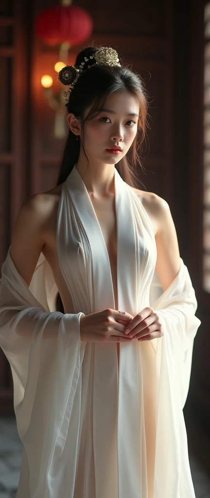 ((No NSFW)), best quality, masterpiece, highres, 1girl, china hanfu, chinese architect background, hair ornament, necklace, jewelry, Beautiful face, full body, tyndall effect, photorealistic, dark studio, rim lighting, two tone lighting, (high detailed skin:1.2), 8k uhd, dslr, soft lighting, high quality, volumetric lighting, candlelight, dark reflections, shadow not dark, highkey, Photograph, high resolution, 4k, 8k, Bokeh. From front, upper body cowboy shot of female model girl around 21-25 years old. Female model girl is wearing china hanfu that is classic traditional clothing of Tang Dynasty period and white color and ancient oriental long robe and made of very sheer and transparent silk so very see through bare skin, wearing nothing under her china hanfu, with closed her chest by her china hanfu, with all back covered by her china hanfu. Female model girl has cleavage chest, huge breasts, round and bouncy breast, pink areolas and nipples that are anatomically correct, small and wasp waist, wide hips, attractive thighs, crotch with ample pubic hair, clean vulva, so all of them are covered by her china hanfu, but blurry them all see through.