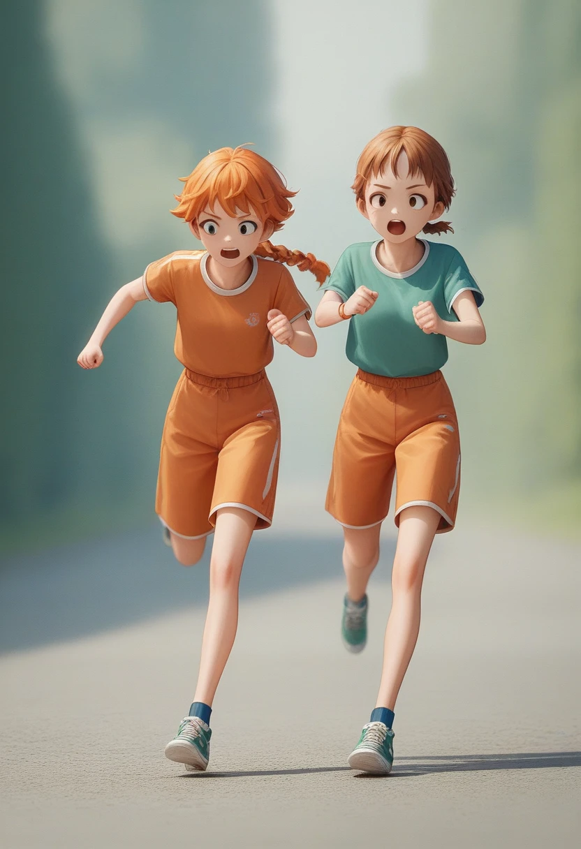 Two people running together in the dark, Animation Style render, 3d illustration, 3d illustration, Two-dimensional animation, 2 Animation, 3d illustration, Anime girl is running, People flee, Animation illustration style, Wearing orange clothes) struggle, Animation Style, 3D - Animation, digital Two-dimensional animation