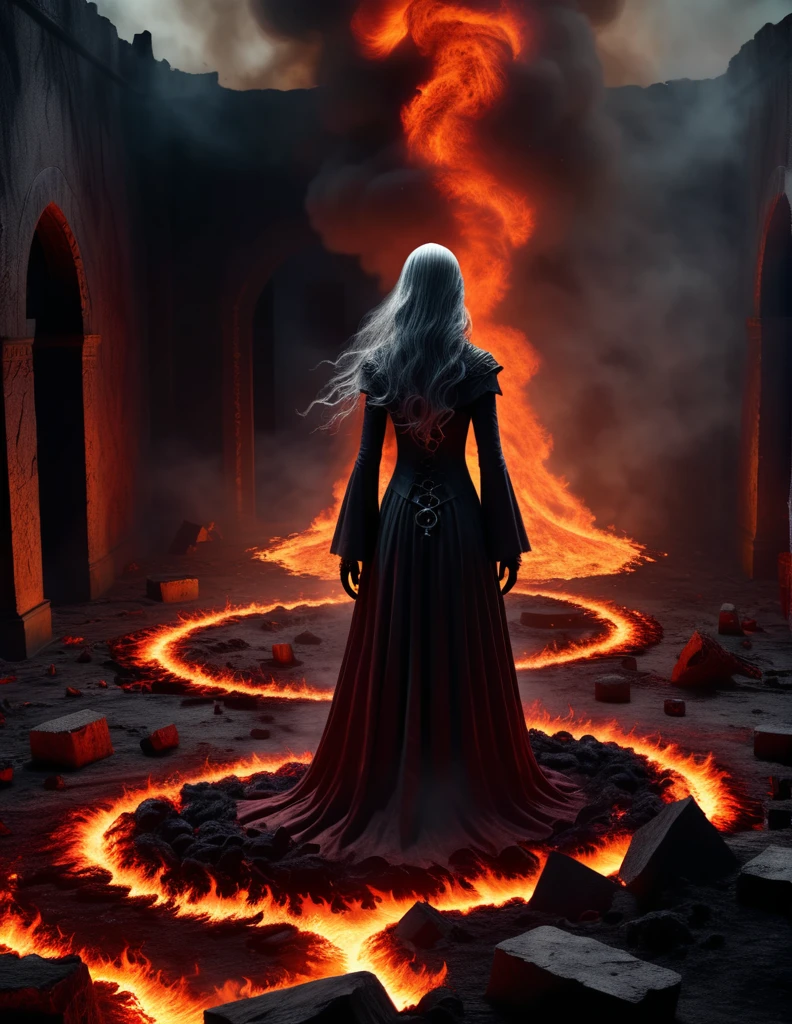Quality, masterpiece, hight resolution, top-quality, hyper realisitic, 8K, hight detailed, BREAK, photo from above, 
, a terrifying horror scene, lone figure standing in middle of magma and fire , apocalyptic  , demon girl , ghostly apparitions emerging from the shadows, surreal and disturbing environment, highly detailed, photorealistic, focusing on textures, shadows and lighting effects, reminiscent of The Grudge, scene from nightmare, surrealistic [high contrast], limited color palette, dark shadows, scary, mysterious and ghostly figures with  horn , long gray  hair, messy,  red broken dress, mist  , magic circles, poison mist, glowing runes, 