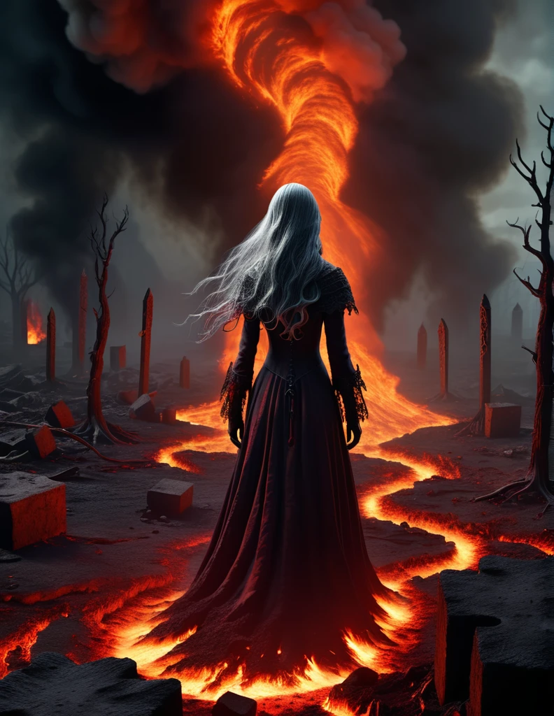 Quality, masterpiece, hight resolution, top-quality, hyper realisitic, 8K, hight detailed, BREAK, photo from above, 
, a terrifying horror scene, lone figure standing in middle of magma and fire , apocalyptic  , demon girl , ghostly apparitions emerging from the shadows, surreal and disturbing environment, highly detailed, photorealistic, focusing on textures, shadows and lighting effects, reminiscent of The Grudge, scene from nightmare, surrealistic [high contrast], limited color palette, dark shadows, scary, mysterious and ghostly figures with  horn , long gray  hair, messy,  red broken dress, mist  , magic circles, poison mist, glowing runes, 
