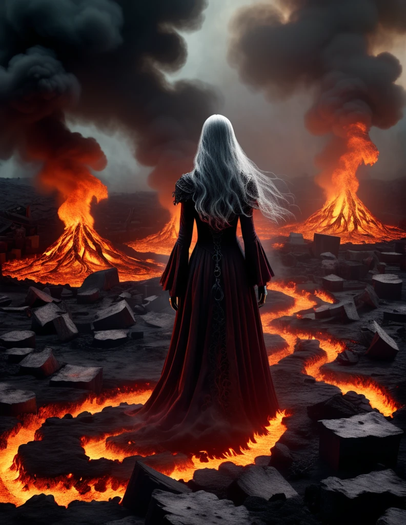 Quality, masterpiece, hight resolution, top-quality, hyper realisitic, 8K, hight detailed, BREAK, photo from above, 
, a terrifying horror scene, lone figure standing in middle of magma and fire , apocalyptic  , demon girl , ghostly apparitions emerging from the shadows, surreal and disturbing environment, highly detailed, photorealistic, focusing on textures, shadows and lighting effects, reminiscent of The Grudge, scene from nightmare, surrealistic [high contrast], limited color palette, dark shadows, scary, mysterious and ghostly figures with  horn , long gray  hair, messy,  red broken dress, mist  , magic circles, poison mist, glowing runes, 