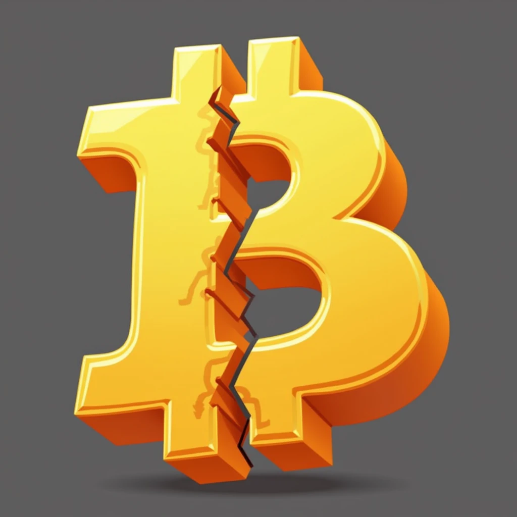 Create two versions of the Bitcoin symbol, matching the playful, cartoon-like style of the 'Bitcoin Crush' logo. Both versions should use the same vibrant gold color (#FFD700) and have a transparent background.
Complete Bitcoin: Design a full Bitcoin symbol with a bold, simplified 'B' logo in the center. The style should be smooth, with rounded edges and a slightly glossy appearance to match the fun and playful theme of the game.
Cracked Bitcoin: Create the same Bitcoin symbol but with a slight crack down the center. The crack should be subtle yet noticeable, with both halves slightly separated. The design should remain consistent with the playful, cartoon-like style, avoiding any realistic details or textures.
Ensure both designs use the same color and visual style to maintain consistency. The focus is on a simple, eye-catching look that integrates seamlessly with the 'Bitcoin Crush' theme.