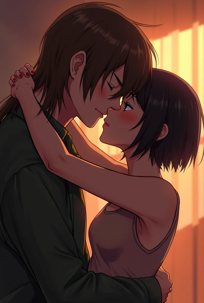 a girl with really short, dark brown hair. which is not longer than the beginning of her neck. she has a rebellious vibe. she’s kissing with a sweet boy, who has brown and very long straight hair. they are in love. she’s touching him. make it look very intimate. 