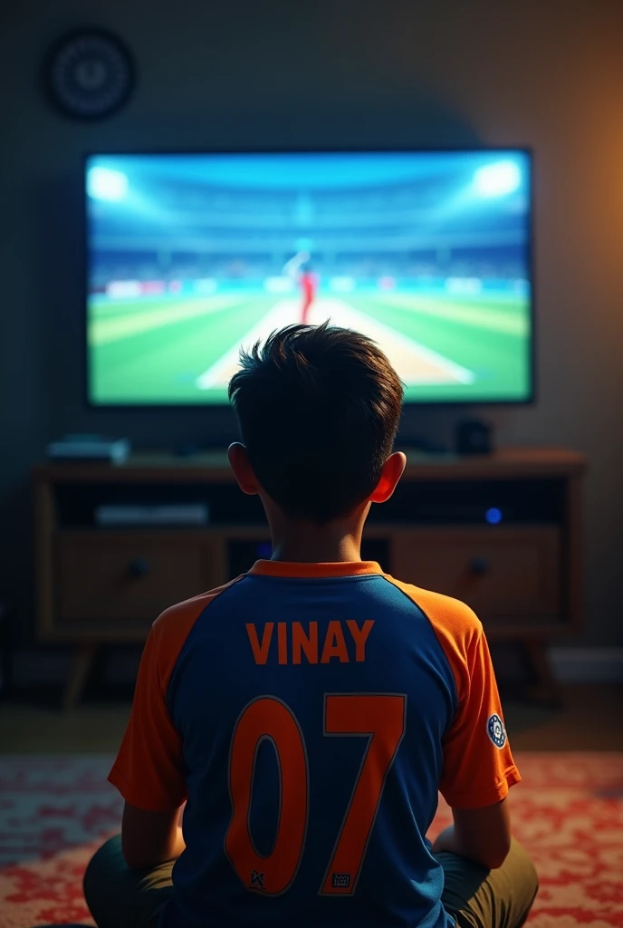 A 24 years old boy watching A Cricket match on Tv, Wearing an Indian jersey with 07 Number and Boy Name Vinay Wrote on Jersey back, Long distance between boy and tv