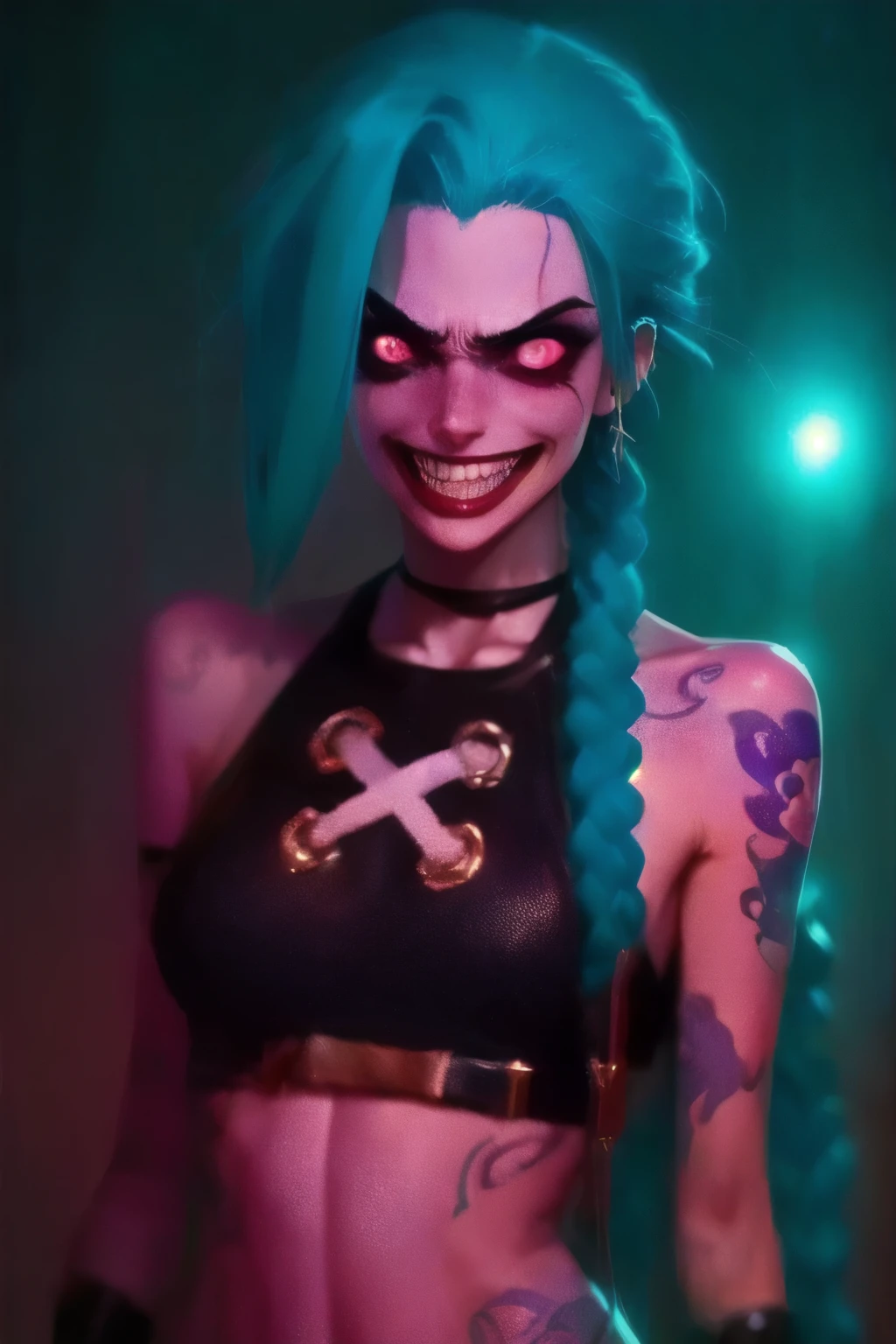 Hyper realistic super detailed Jinx cosplay , ((Young girl, 15 years old)), Very detailed, (hyper realistic: 1.4), in dynamic pose, (((psycho face, creppy smiling))), twin braids, long hair, blue hair, red eyes,((tattooed arm)), ((skinny Body)), ((angry face)), Wearing a Black top, ABS. ((Cinematic Explosion background,  cinematic lighting)).