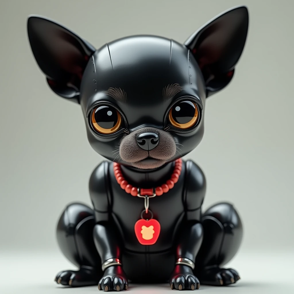 A realistic full body close-up shot of a robotically enhanced Chihuahua, its adorable black head with big golden eyes and a sweet expression, perched atop a sleek black metallic body with silver accents thick neon red dog color around the neck with a digital dog tag that is red with gleaming robotic legs but realistic black paws. The stark contrast between organic and synthetic features creates an intriguing visual dichotomy, inviting the viewer to ponder the intersection of technology and cuteness, retina, accurate, masterpiece, super detail, high details, best quality, award winning, highres, HD, 4K, 8k, 16k,