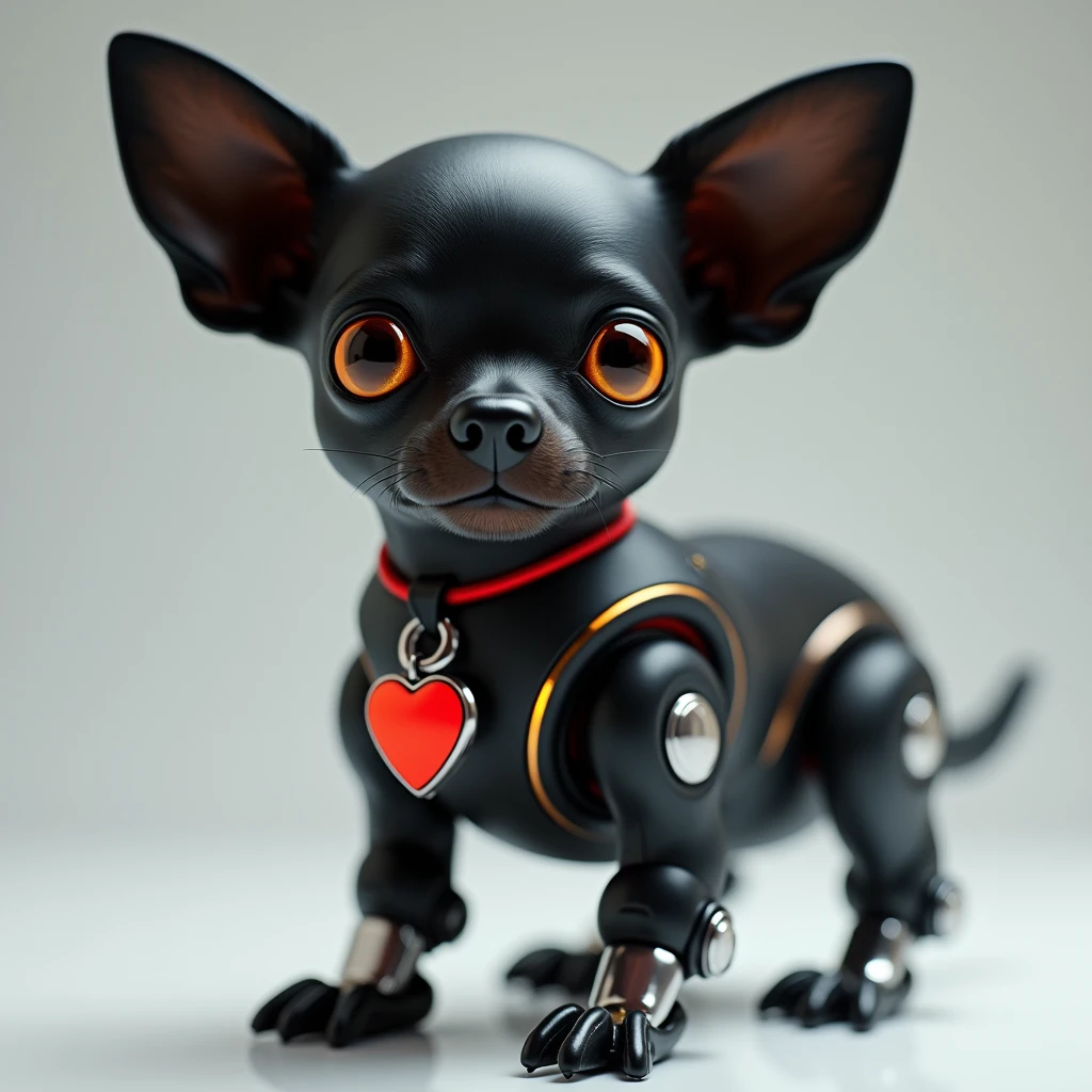 A realistic full body close-up shot of a robotically enhanced Chihuahua, its adorable black head with big golden eyes and a sweet expression, perched atop a sleek black metallic body with silver accents thick neon red dog color around the neck with a digital dog tag that is red with gleaming robotic legs but realistic black paws. The stark contrast between organic and synthetic features creates an intriguing visual dichotomy, inviting the viewer to ponder the intersection of technology and cuteness, retina, accurate, masterpiece, super detail, high details, best quality, award winning, highres, HD, 4K, 8k, 16k,