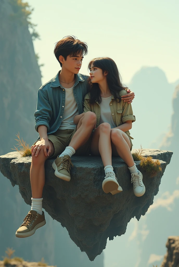 Two boy and girl sitting in floating rock realistic