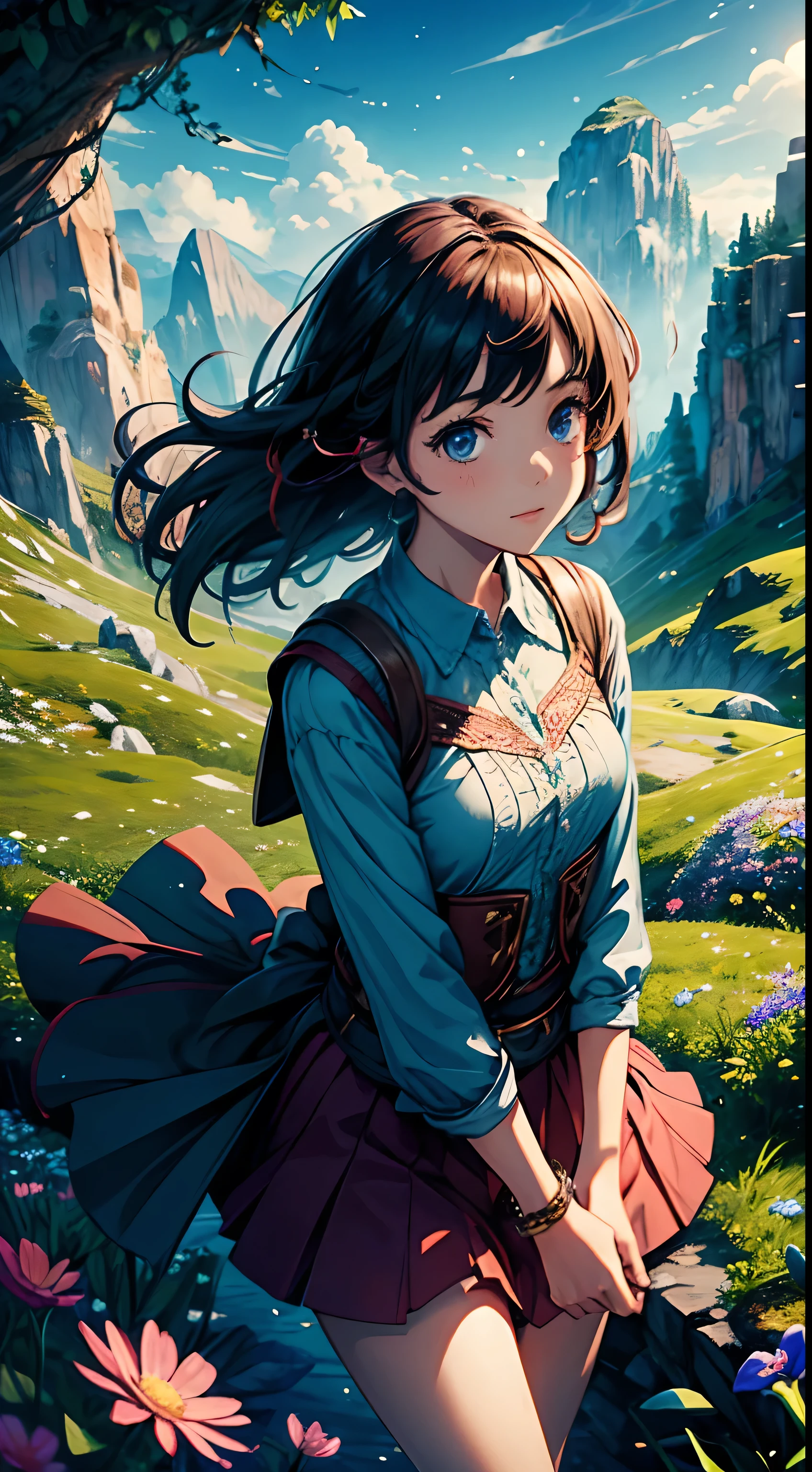 a girl exploring a magic world, adventure, magic, fantasy, impossible, cute, happy, close up, landscape, colorful, BREAK (masterpiece, best quality, wallpaper, 4k, gorgeous, intricate), mountains, particles, strnage flower, happyness, surprised, surprise, curious, perfect face, glowing, treasure, nature,