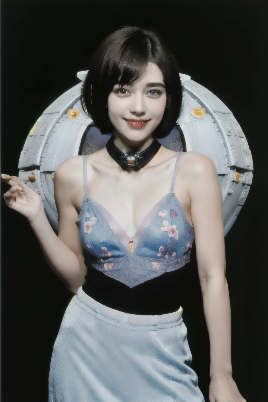 268 (20-year-old princess,Are standing), ((short hair:1.46)), (chest:1.46), Old-fashioned smile, (flower), (Spaceship:1.46)