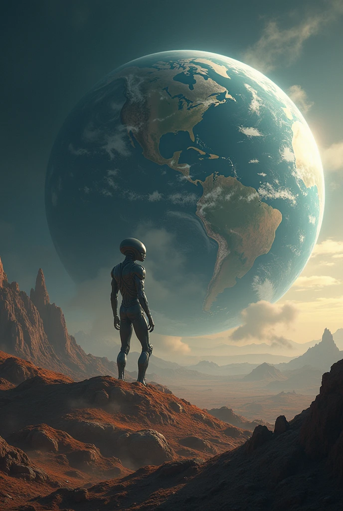 a giant alien plays with the (full Earth)