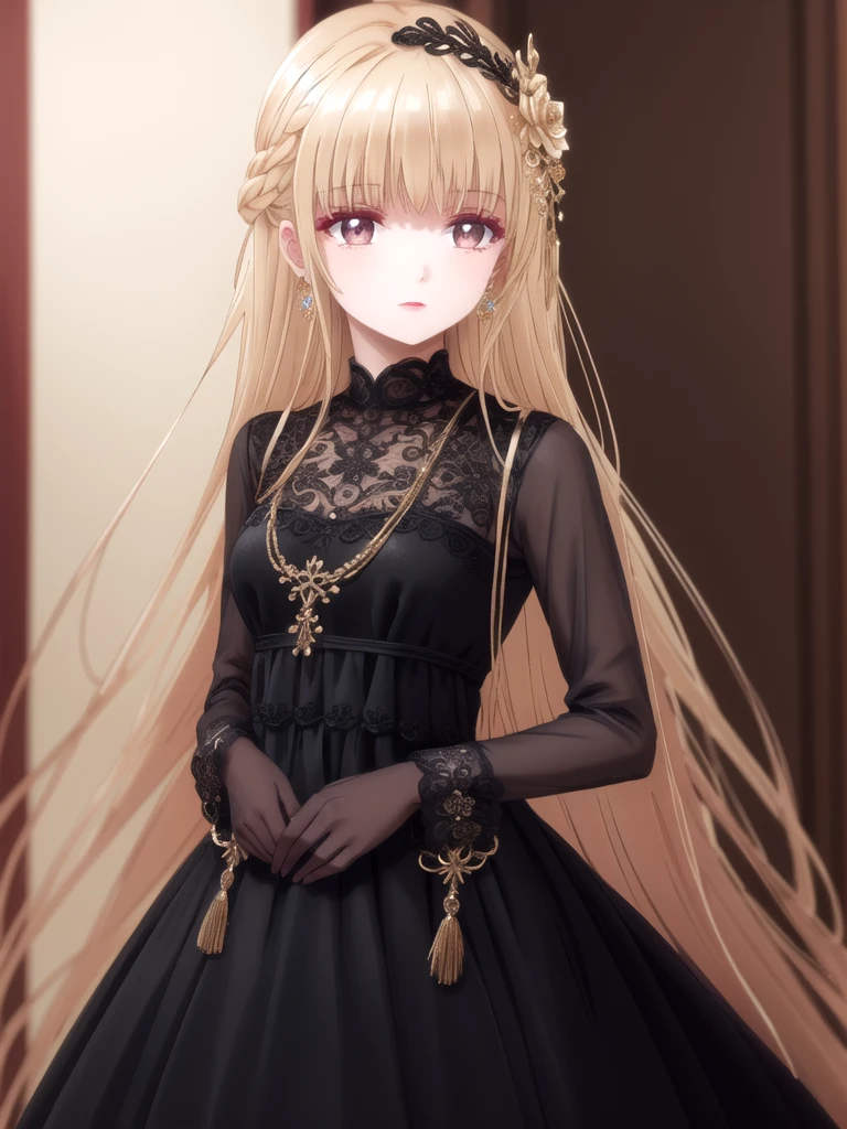 best quality, intricate details,
anya melfissa, very long hair, hair ornament, black dress,