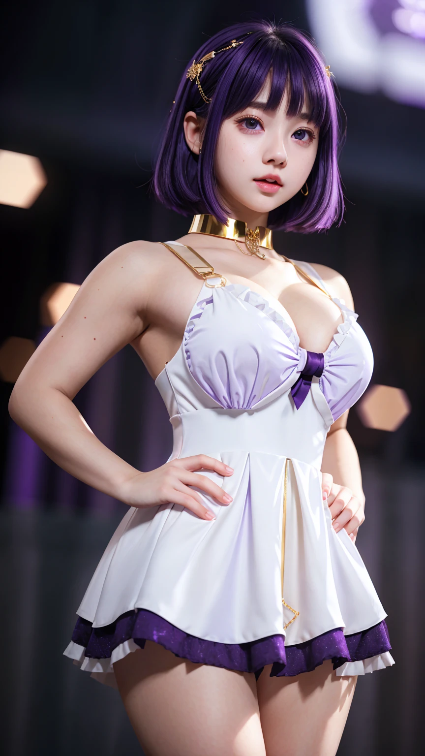 Gorgeous Girl, Beautiful, Baby Face, 20 Years Old, White Skin, Movie Lighting, Futuristic, ((Cleavage)), ((Purple) short Dress), Gold Eye, Muscles, Bokeh, Masterpiece, Medium Bob, Purple Hair, standing in front of solid white background