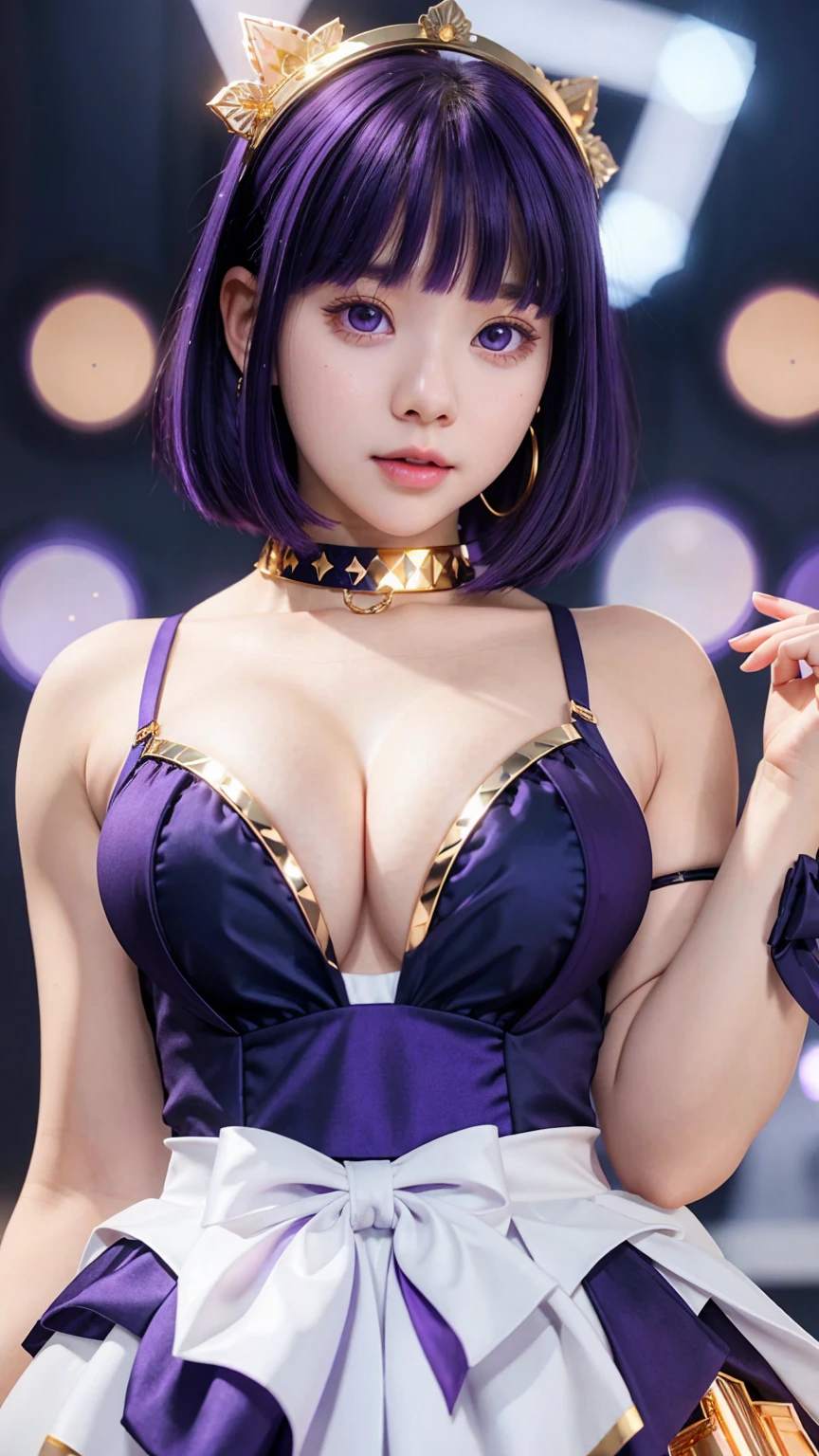 Gorgeous Girl, Beautiful, Baby Face, 20 Years Old, White Skin, Movie Lighting, Futuristic, ((Cleavage)), ((Purple) short Dress), Gold Eye, Muscles, Bokeh, Masterpiece, Medium Bob, Purple Hair, standing in front of solid white background