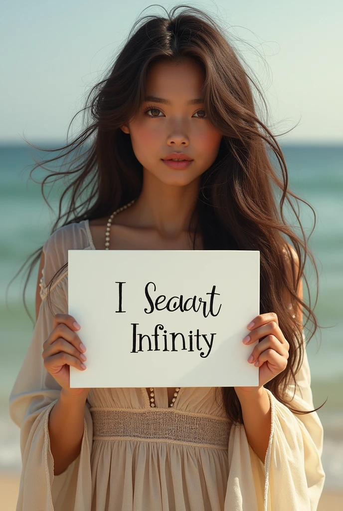 Beautiful girl with wavy long hair, bohemian dress, holding a white board with text "I Love Seaart Infinity" and showing it to the viewer