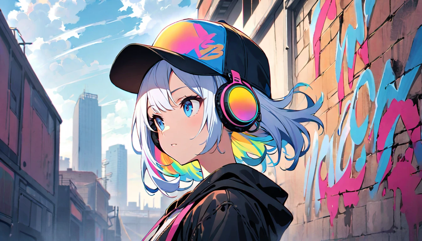 Handsome cute, Solitary, 1 female, Medium Length Hair, white hair, Rainbow hair, blue Eyes, Rainbow headphone, Futuristic, panoramic, looking away, Hip-Hop stile, Trucker Hat, hip-hop style, Human focus, outdoor, White clouds, graffiti Popularity spray art wall panoramic,