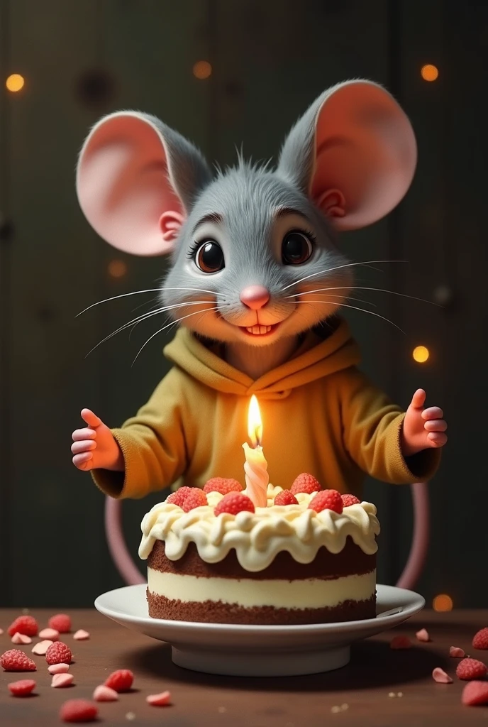 An old female mouse serving Jesus birthday cake