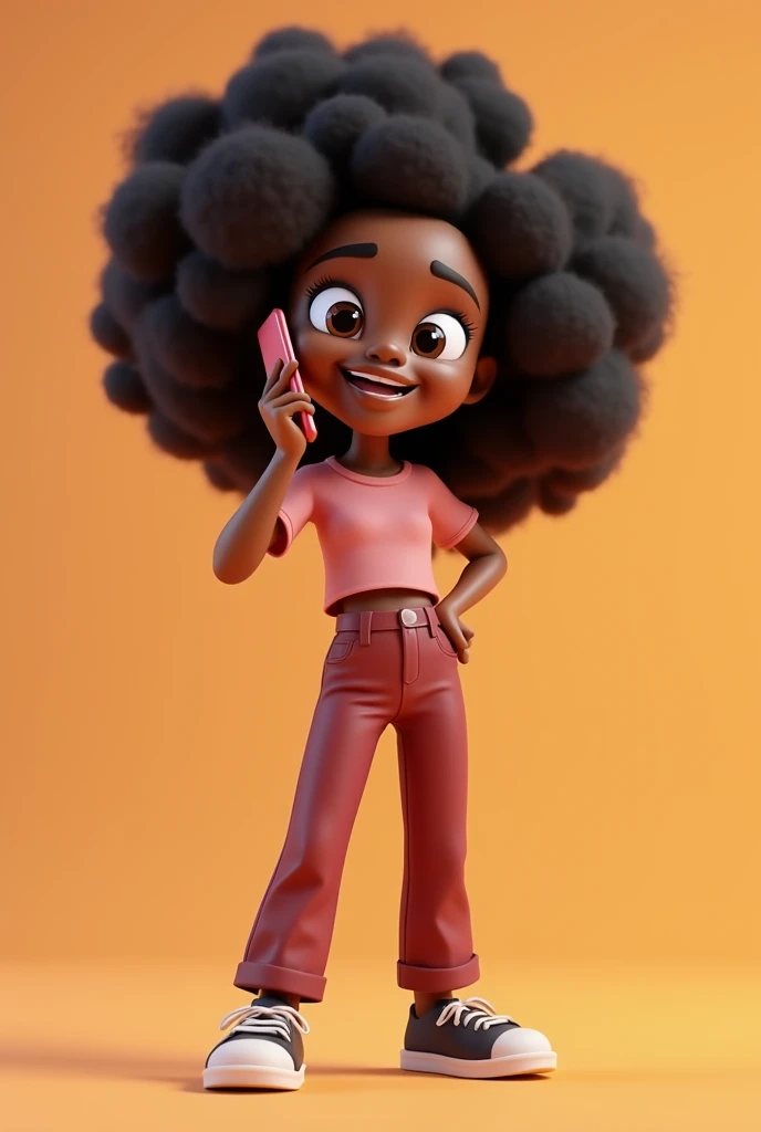 3d cartoon photo of young beautiful 20 year old African American woman with persuasive look facing front talking on mobile phone and pointing in front on solid single color background, full portrait image
