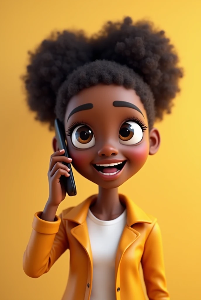 3d cartoon photo of young beautiful 20 year old African American woman with persuasive look facing front talking on mobile phone and pointing in front on solid single color background, full portrait image