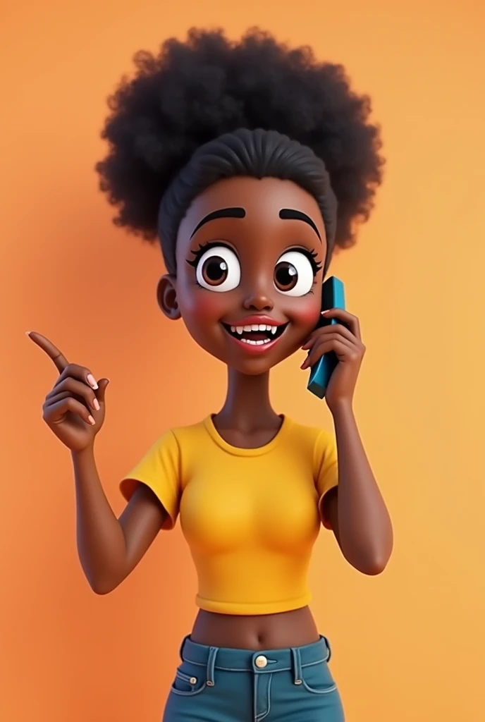 3d cartoon photo of young beautiful 20 year old African American woman with persuasive look facing front talking on mobile phone and pointing in front on solid single color background, full portrait image